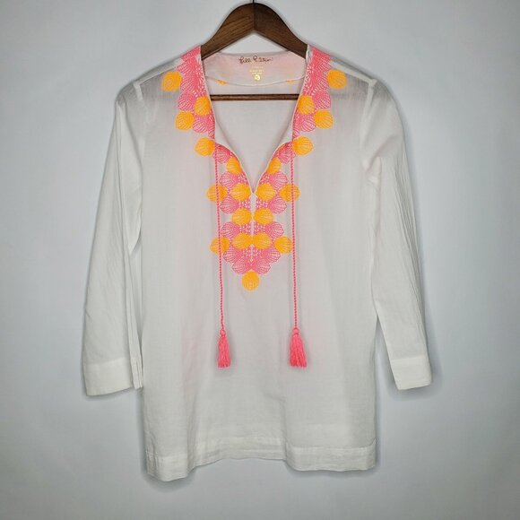Lilly Pulitzer Womens Amelia Island Tunic Top Size S Embroidered Tasseled Beach - Picture 1 of 9